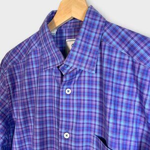 David Donahue Shirt Mens MEDIUM Blue Purple Plaid Button Up 100% Cotton